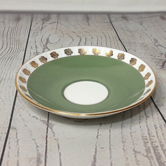 Crown Staffordshire Tea Cup And Saucer Green With Gold Roses E614 England - Picture 13 of 16